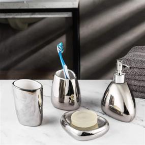 img 4 attached to 🛁 Premium Silver Ceramic Bathroom Accessory Set – Soap Pump Dispenser, Soap Dish, Tumbler & Toothbrush Holder