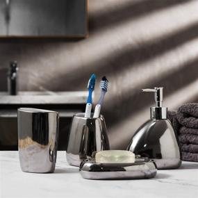 img 3 attached to 🛁 Premium Silver Ceramic Bathroom Accessory Set – Soap Pump Dispenser, Soap Dish, Tumbler & Toothbrush Holder