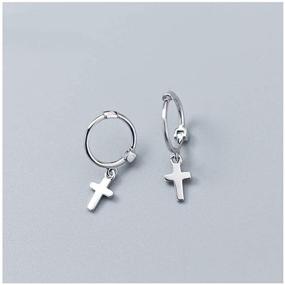 img 2 attached to ✝️ Sterling Silver Christian Cross Dangle Hoop Earrings - Small Cartilage Huggie Hoops with Mini Charm for Women and Girls - Fashion Jewelry Gift, 10mm