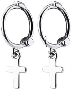 img 3 attached to ✝️ Sterling Silver Christian Cross Dangle Hoop Earrings - Small Cartilage Huggie Hoops with Mini Charm for Women and Girls - Fashion Jewelry Gift, 10mm