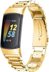 img 4 attached to Ремешки, совместимые с Fitbit Charge 5 Металлический ремешок из нержавеющей стали для замены классического прочного твердого звена Аксессуар Пряжка Металлический ремешок Ремешок на запястье для Charge 5 Fitness Health Tracker (Gold)