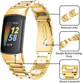 img 2 attached to Ремешки, совместимые с Fitbit Charge 5 Металлический ремешок из нержавеющей стали для замены классического прочного твердого звена Аксессуар Пряжка Металлический ремешок Ремешок на запястье для Charge 5 Fitness Health Tracker (Gold)