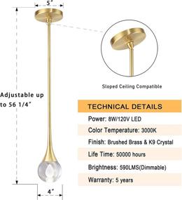 img 2 attached to 💡 8W Dimmable LED Teardrop Crystal Pendant Light - Untrammelife Mini Globe Ceiling Hanging Light in Gold Brushed Brass Finish for Kitchen Island Bathroom Bedroom Bar