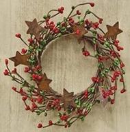 🎄 country primitive christmas holiday decor - mini wreath with red & green pip berry ring and rusty stars логотип