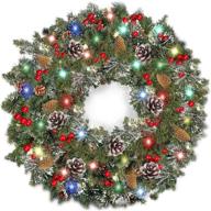 🎄 30 inch pre-lit christmas wreath with timer - turnmeon battery operated decoration, spruce wreath with 80 red berries, pine cones, snowflakes, and silver bristles (colorful lights) logo