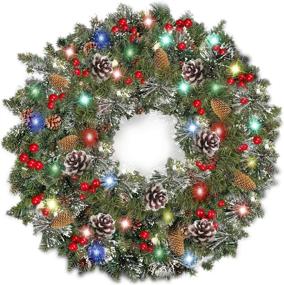 img 4 attached to 🎄 30 Inch Pre-lit Christmas Wreath with Timer - TURNMEON Battery Operated Decoration, Spruce Wreath with 80 Red Berries, Pine Cones, Snowflakes, and Silver Bristles (Colorful Lights)