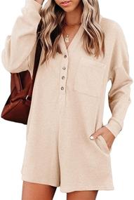 img 4 attached to Chic and Comfy Women's V Neck Button 👗 Down Romper: Casual Waffle Knit, Long Sleeve Playsuit with Pocket