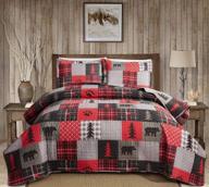 🏕️ cabin bear bedding red black plaid patchwork quilts set - king size, 3pcs - country pine tree bear paw bedspreads - lightweight reversible lodge coverlet with pillow shams logo