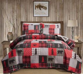 img 4 attached to 🏕️ Cabin Bear Bedding Red Black Plaid Patchwork Quilts Set - King Size, 3Pcs - Country Pine Tree Bear Paw Bedspreads - Lightweight Reversible Lodge Coverlet with Pillow Shams