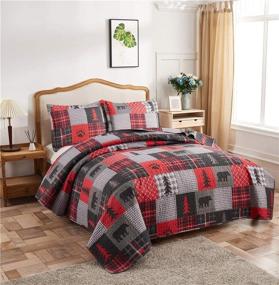 img 3 attached to 🏕️ Cabin Bear Bedding Red Black Plaid Patchwork Quilts Set - King Size, 3Pcs - Country Pine Tree Bear Paw Bedspreads - Lightweight Reversible Lodge Coverlet with Pillow Shams