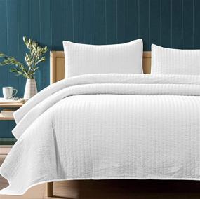 img 2 attached to 🛌 SHALALA New York Stripe White Reversible Quilt Set - King Size with 2 Quilted Pillow Shams and Soft Cotton Jersey Coverlet - Lightweight, Breathable, and Machine Washable - Cotton Fill