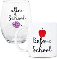 🎓 teacher and professor gift set: coffee mug and stemless wine glass - before school and after school - 11 oz coffee mug - 15 oz wine glass logo