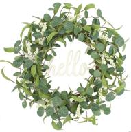 🌿 delicaft eucalyptus wreath 18 inches: artificial green spring wreath for indoor front door home wall window décor - perfect for weddings, farmhouse parties, and festivals (green with hello sign) логотип