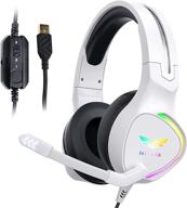🎧 nivava k12 white gaming headset: 7.1 surround sound ps4 headset with noise cancelling mic, rgb lights for pc, ps5, mac & more! logo