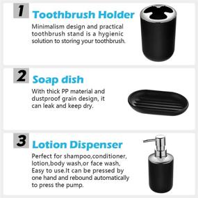 img 2 attached to MYFAMIREA 6 PCS Black Plastic Bathroom Accessory Set: Toothbrush Cup, Holder, Soap Dish, Dispenser, Trash Can, Toilet Brush Set