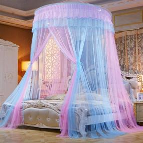 img 4 attached to 🛏️ Mengersi Bed Canopy Mosquito Net - Princess Elegant Lace Round Sheer Mesh Bed Curtains - Princess Dome Bedding Net for Twin Full Queen King Size (Pink/Blue)