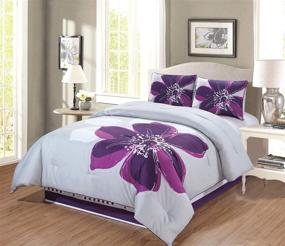 img 1 attached to California Cal King Size 4-Piece Comforter Set: Grey, Purple, and Dark Purple Hibiscus Floral Bedding