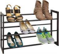 mdesign adjustable shoe and boot storage organizer rack - 3 tier expandable, space-saving, angled vertical storage - ideal for closet, entryway, mudroom, bedroom, garage - black logo