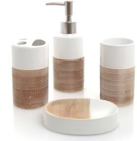 img 4 attached to MyGift 4-Piece Ceramic Bath Set in White & Beige - Includes Soap Dispenser, Toothbrush Holder, Tumbler, and Soap Dish
