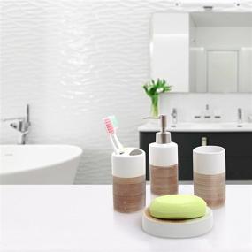 img 2 attached to MyGift 4-Piece Ceramic Bath Set in White & Beige - Includes Soap Dispenser, Toothbrush Holder, Tumbler, and Soap Dish