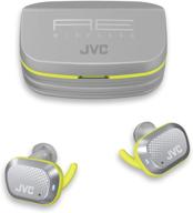 наушники jvc ha-ae5th ae sport, по-настоящему беспроводные наушники - премиум bluetooth-гарнитура с 27-часовым временем работы от батареи, сенсорным управлением, защитой от влаги ip55, серые логотип