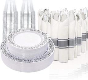 img 4 attached to LLSF 210-Piece Silver Plastic Dinnerware Set with Cutlery, Disposable Plates, Cups, and Napkins - Perfect for Christmas Day