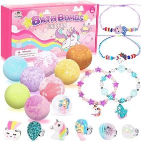 img 4 attached to 8-Pack Bath Bomb Gift Set for Kids with Surprise Inside: Unicorn and Mermaid Rings Bracelets, Handmade Bubble Spa Bath Fizzies Set with Jewelry for Women and Girls, Ideal Birthday Gift