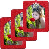 sparkling 2021 magnetic glitter christmas photo frame ornament with non glare protector - red, 3-pack логотип