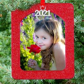 img 3 attached to Sparkling 2021 Magnetic Glitter Christmas Photo Frame Ornament with Non Glare Protector - Red, 3-Pack