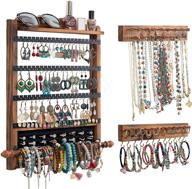 🌲 efficient wood wall mounted jewelry organizer set - rustic hanging storage display for rings, necklaces, and bracelets - brown+black gift логотип