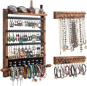 img 4 attached to 🌲 Efficient Wood Wall Mounted Jewelry Organizer Set - Rustic Hanging Storage Display for Rings, Necklaces, and Bracelets - Brown+Black Gift