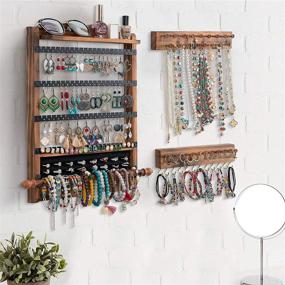 img 3 attached to 🌲 Efficient Wood Wall Mounted Jewelry Organizer Set - Rustic Hanging Storage Display for Rings, Necklaces, and Bracelets - Brown+Black Gift