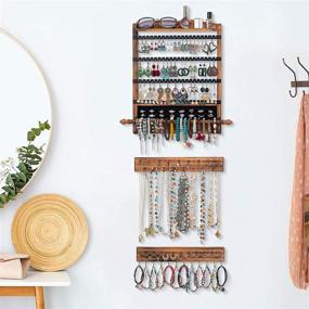 img 2 attached to 🌲 Efficient Wood Wall Mounted Jewelry Organizer Set - Rustic Hanging Storage Display for Rings, Necklaces, and Bracelets - Brown+Black Gift