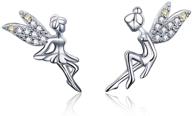 💎 s925 sterling silver cz fairy stud earrings | hypoallergenic two-tone crystal angel wings jewelry for women, girls | tiny studs 18k white gold plated | tinkerbell-inspired gift for children logo