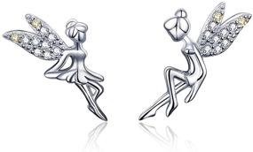 img 4 attached to 💎 S925 Sterling Silver CZ Fairy Stud Earrings | Hypoallergenic Two-Tone Crystal Angel Wings Jewelry for Women, Girls | Tiny Studs 18K White Gold Plated | Tinkerbell-Inspired Gift for Children