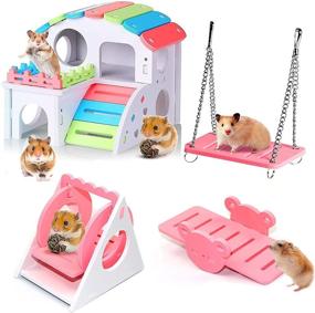 img 4 attached to 🐹 Enhance Your Hamster's Fun with 4Pcs Hamster Toys Set: Dwarf Hamster House, Swing & Seesaw, Wooden Gerbil Hideout, and More!