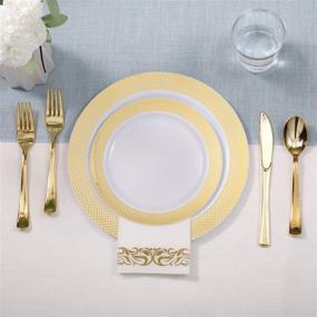 img 1 attached to 🍽️ FOCUSLINE 175-Piece Gold Dinnerware Set for 25 Guests - 50 Gold Grid Plastic Plates, 25 Gold Plastic Silverware, 25 Gold Plastic Cups, and 25 Linen-Like Gold Paper Napkins - Disposable Dinnerware Set