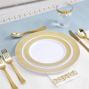 img 2 attached to 🍽️ FOCUSLINE 175-Piece Gold Dinnerware Set for 25 Guests - 50 Gold Grid Plastic Plates, 25 Gold Plastic Silverware, 25 Gold Plastic Cups, and 25 Linen-Like Gold Paper Napkins - Disposable Dinnerware Set