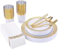 🍽️ focusline 175-piece gold dinnerware set for 25 guests - 50 gold grid plastic plates, 25 gold plastic silverware, 25 gold plastic cups, and 25 linen-like gold paper napkins - disposable dinnerware set logo