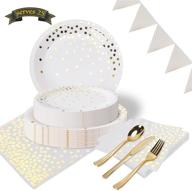 premium white and gold party supplies set - 177 pieces of golden dot disposable party dinnerware, including plates, dessert plates, napkins, tablecloth, triangle banner, and utensils - ideal for graduation, birthday parties, serves 25 logo