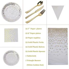 img 3 attached to Premium White and Gold Party Supplies Set - 177 Pieces of Golden Dot Disposable Party Dinnerware, including Plates, Dessert Plates, Napkins, Tablecloth, Triangle Banner, and Utensils - Ideal for Graduation, Birthday Parties, Serves 25