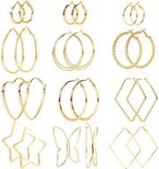 stylish hypoallergenic butterfly square dangle earrings set - 12 pairs of big hoops in thin geometric stainless steel for women logo