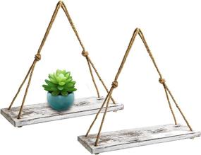 img 3 attached to 🌿 Rustic Wood Rope Hanging Shelves Set of 2: Versatile Hooks & Plant Shelf for Living Room, Bedroom, Bathroom, and Kitchen (White)