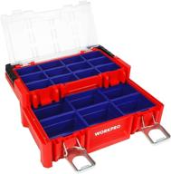 🧰 17-inch red plastic tool box with locking lid, stainless steel handle, and 18 adjustable compartments – ideal for sockets, crafts, and power tools by workpro logo