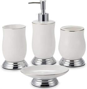 img 4 attached to White Ceramic 4-Piece Bathroom Accessories Set: Lotion Dispenser, Toothbrush Holder, Soap Dish, Soap Dispenser - Stylish Décor for Home Countertop