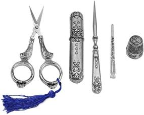 img 4 attached to 🧵 Vintage Sewing Tool Set: Embroidery Scissors with Needle Box, Awl, Sewing Thimble, Threader – Ideal for Sewing, Cutting, Artwork, Embroidery, Needlework