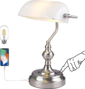 img 4 attached to 💼 Banker's Lamp with Touch Control, 3-Way Dimmable Table Lamp and USB Charging Port, Brushed Nickel Desk Lamp with White Glass