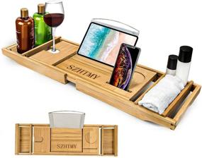 img 4 attached to 🛀 SZHTMY Premium Bamboo Bathtub Caddy Tray: Ultimate Bath Organizer with Tablet, Book, and Wine Glass Stand