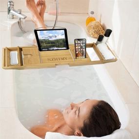 img 3 attached to 🛀 SZHTMY Premium Bamboo Bathtub Caddy Tray: Ultimate Bath Organizer with Tablet, Book, and Wine Glass Stand