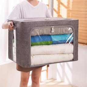 img 1 attached to 📦 Foldable Metal Frame Extra Large Clothes Storage Bins - Stackable Linen Fabric Container Organizer Set with Carrying Handles and Clear Window - 100L (Gray, 23.6X 16.5X 15.7 Inch)